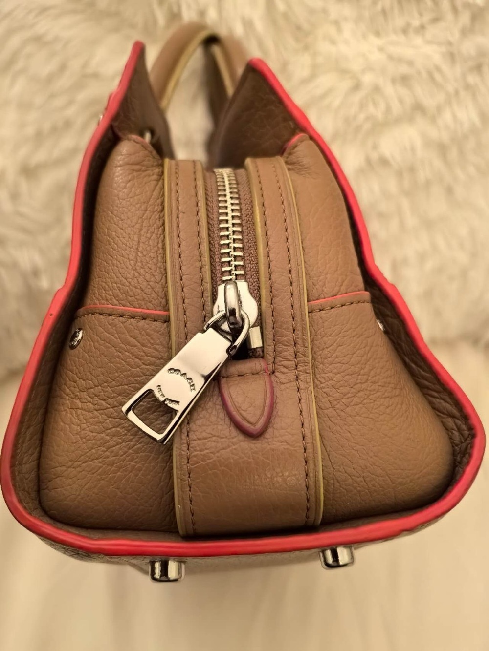Coach Taupe Satchel with Pink and Coral Trim - Picture 5 of 9